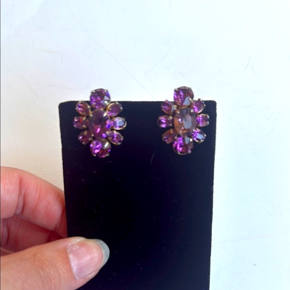 Vintage Elegant Purple Rhinestone Clip Earrings